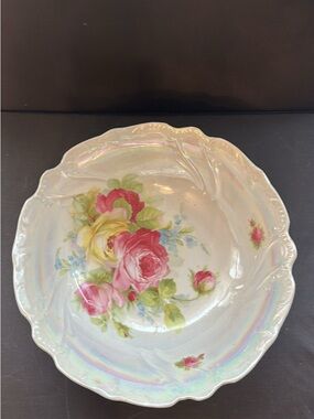 Iridescent Floral Serving Bowl - Pink & Cream Rose Design